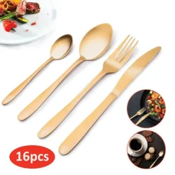 Bestickset (kniv, Sked, Gaffel, Tesked) I Guldfärg 16-pack
